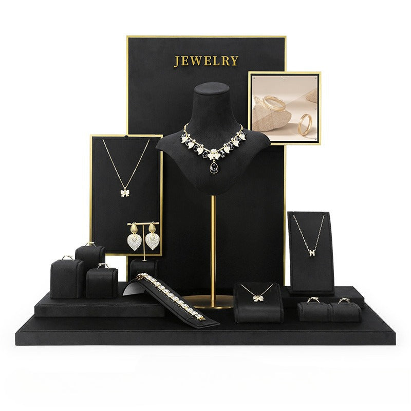 Black Velvet Jewelry Display Set - Complete Retail Stand with Bust, Earring, Ring & Bracelet Holders