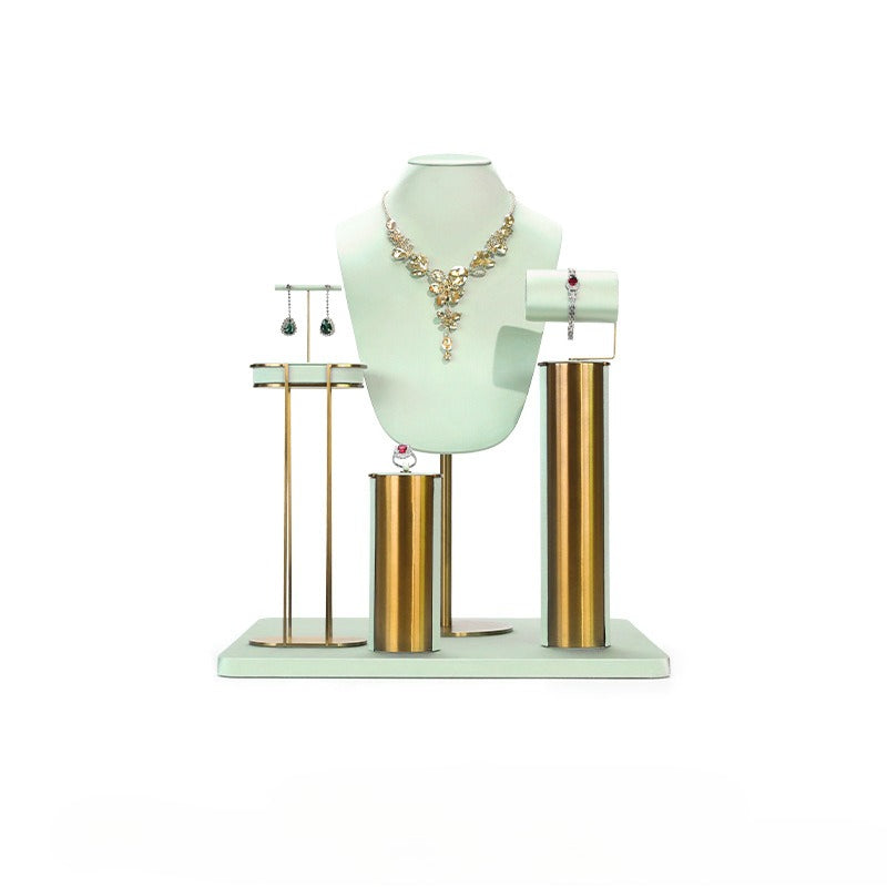 Light Green Velvet Jewelry Display Set with Gold Metal Base - Complete Stand for Necklaces, Earrings, Rings & Bracelets