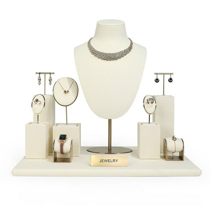 Beige Velvet Jewelry Display Set with Gold Metal Accents - Complete Retail Stand with Busts, Ring, Earring & Bracelet Holders