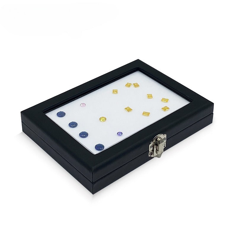 Black Leather Glass Gemstone Box with Lock
