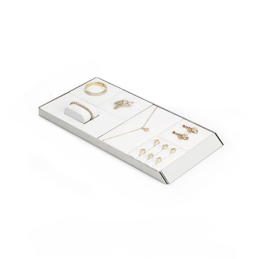 White PU Leather Jewelry Display Tray with Shiny Metal Frame - Modular Counter Organizer for Necklaces, Rings & Earrings