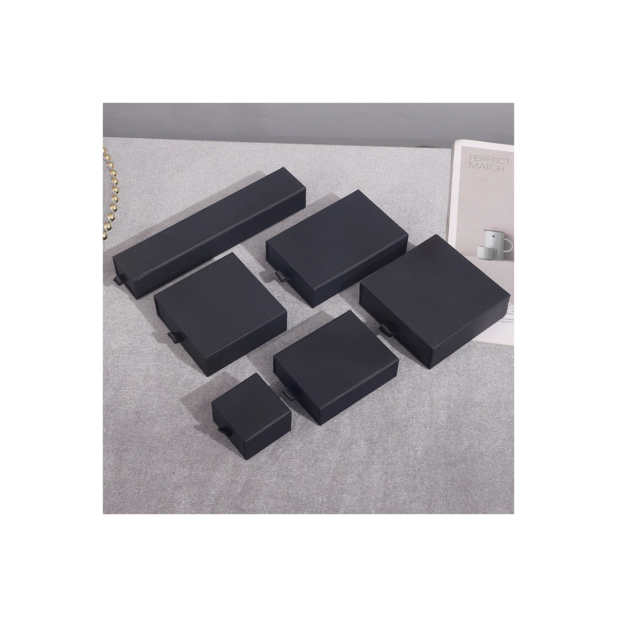 Black sliding drawer jewelry boxes in six verified sizes
