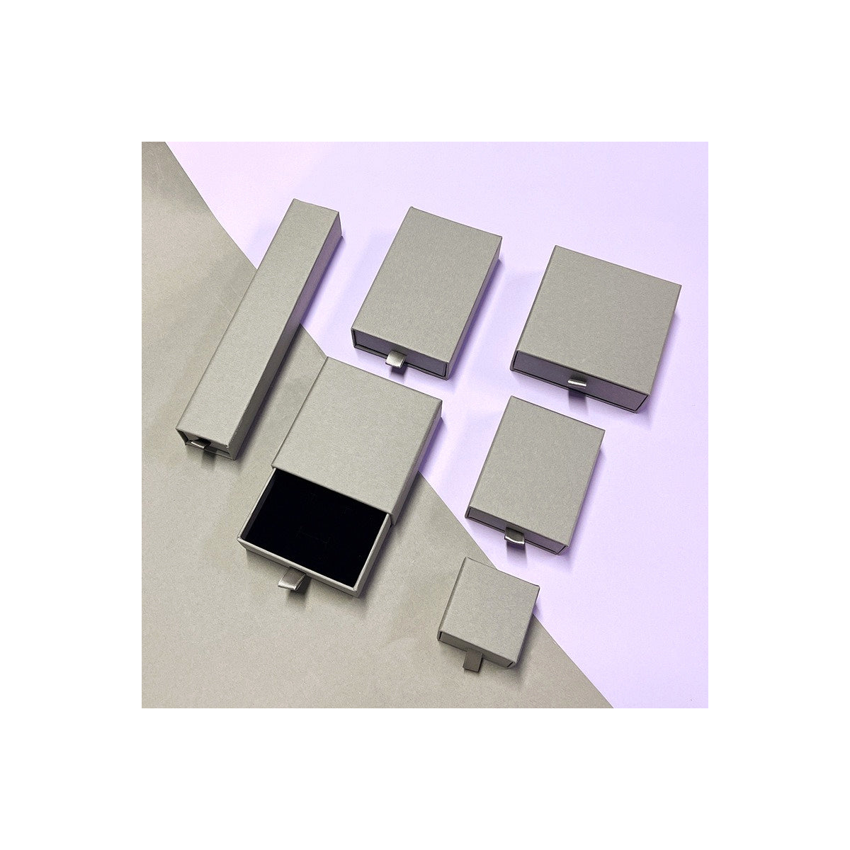 Gray sliding drawer jewelry boxes in six verified sizes