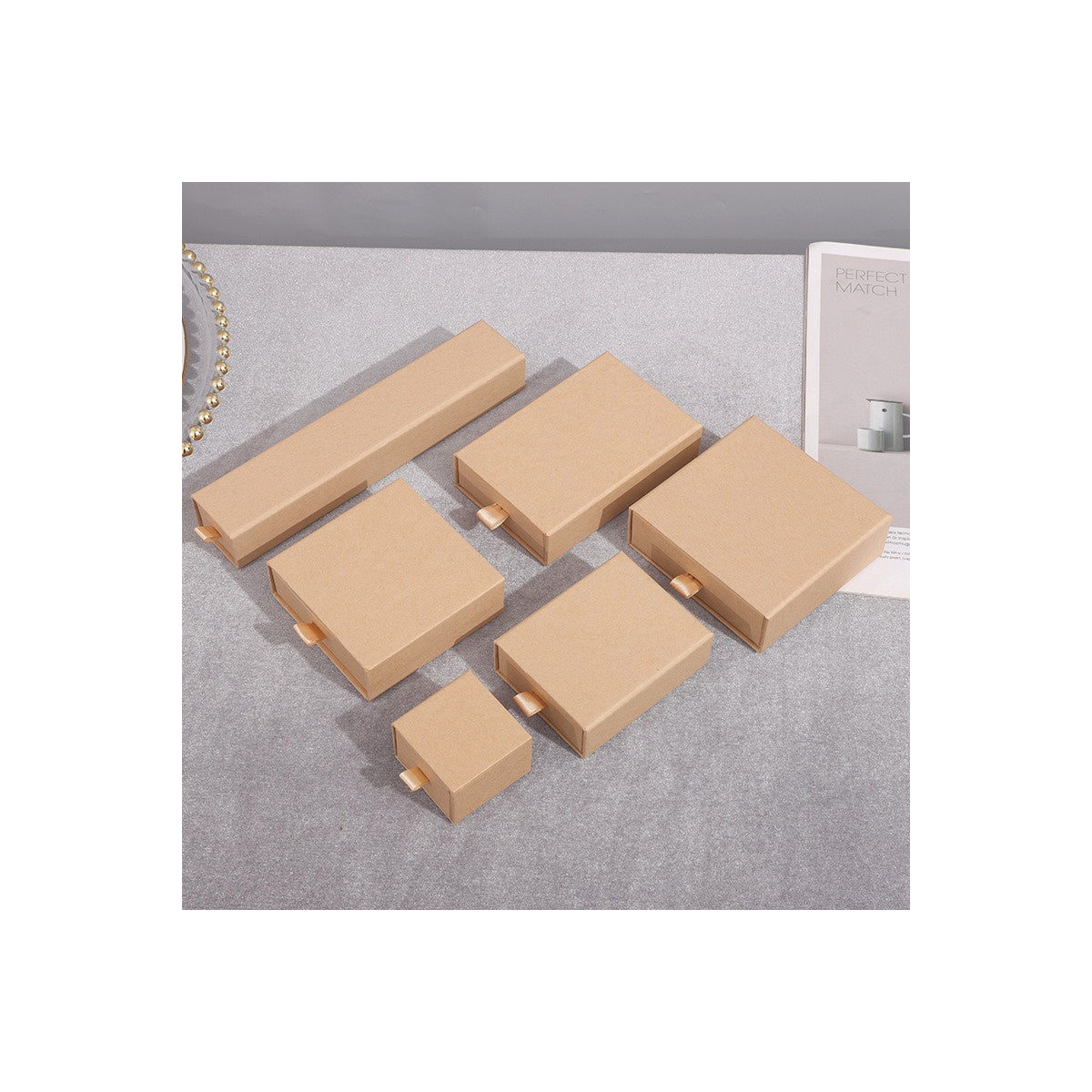 Light Kraft sliding drawer jewelry boxes in six verified sizes