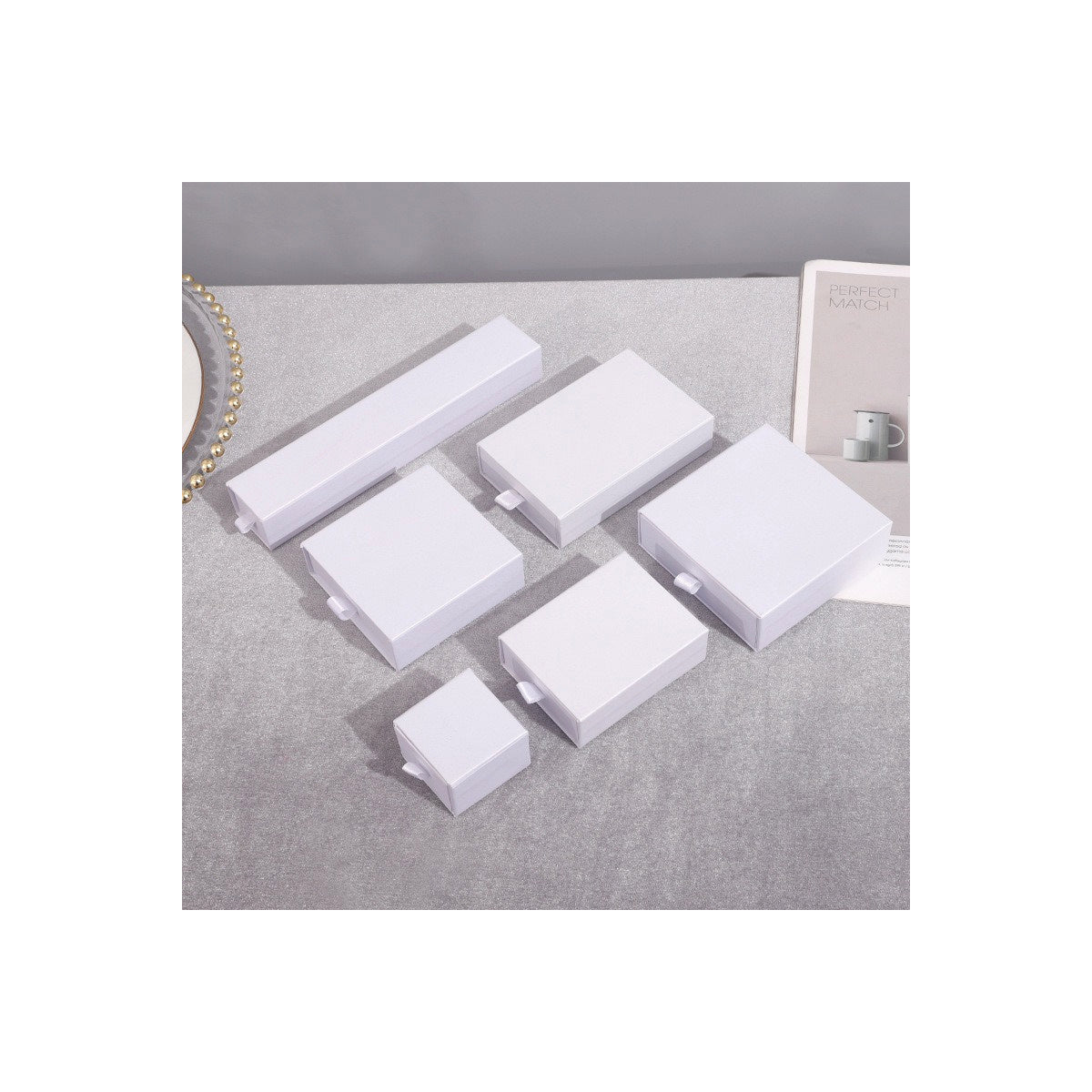 Matte White sliding drawer jewelry boxes in six verified sizes