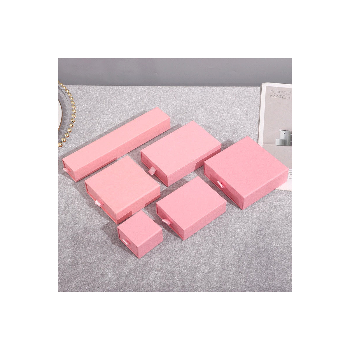 Pink sliding drawer jewelry boxes in six verified sizes