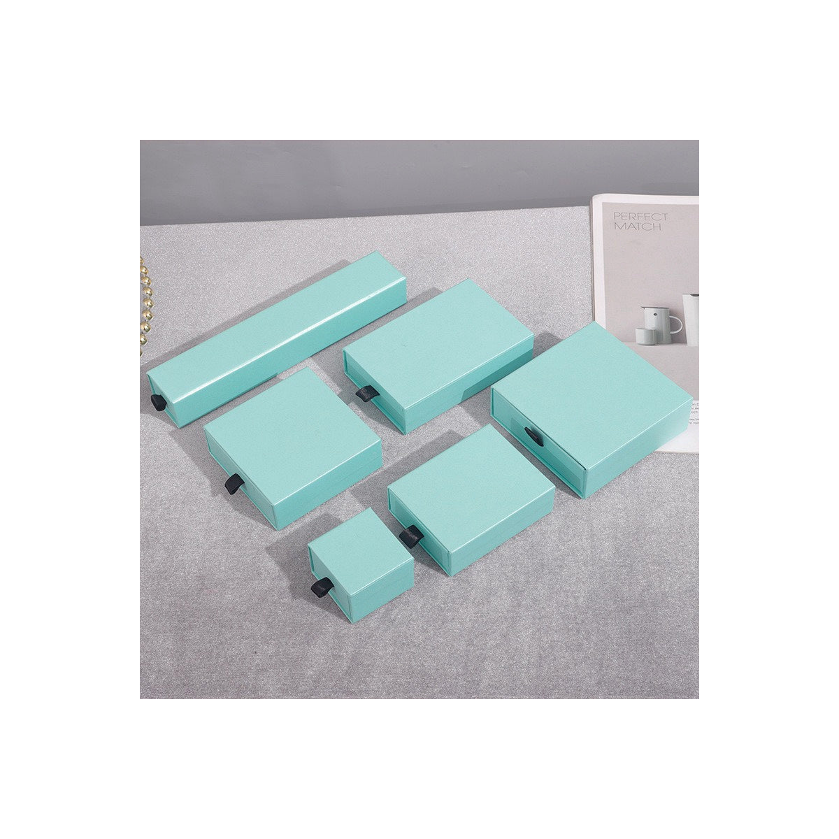Powder Blue sliding drawer jewelry boxes in six verified sizes