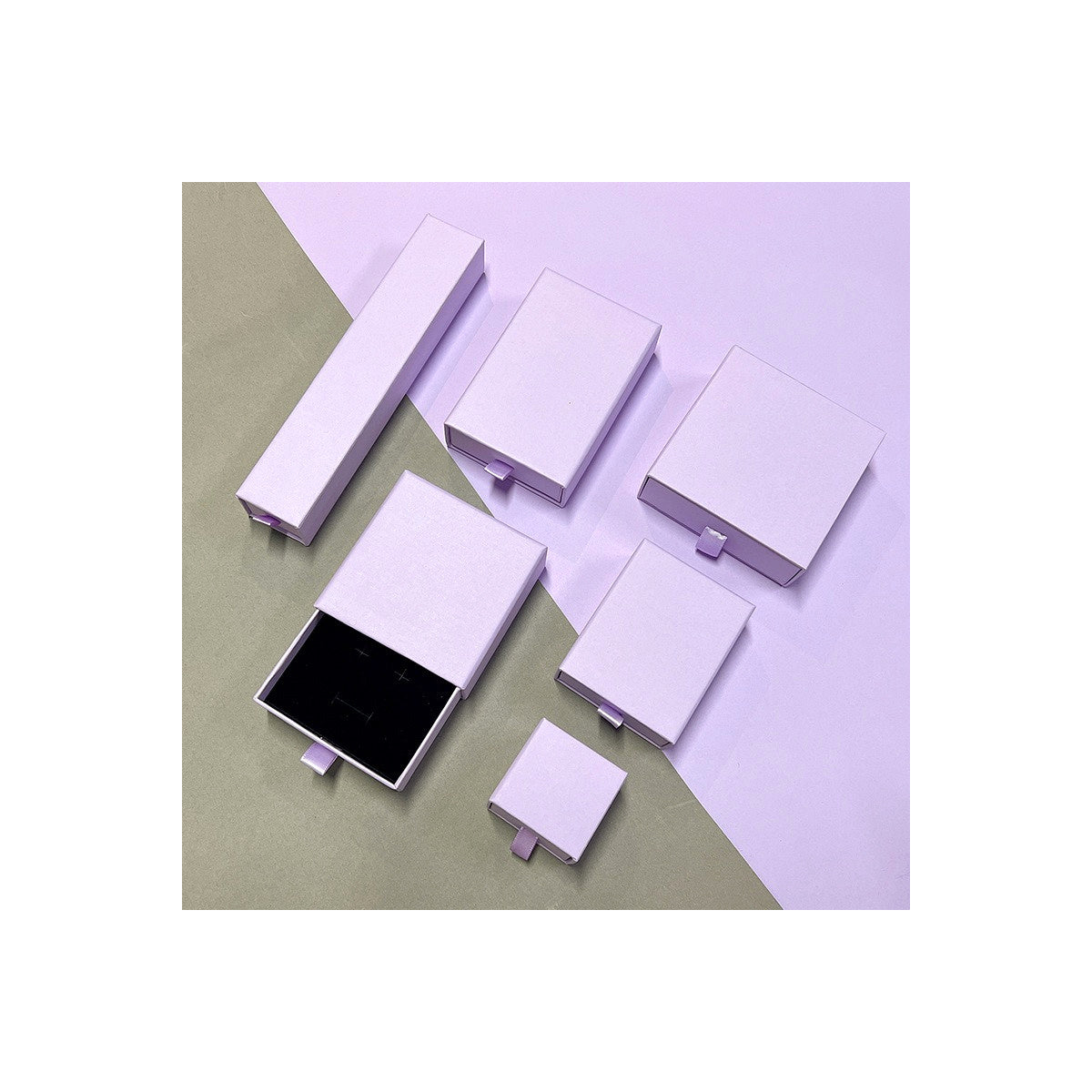 Purple sliding drawer jewelry boxes in six verified sizes