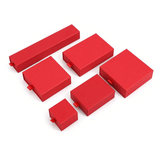 Red sliding drawer jewelry boxes in six verified sizes