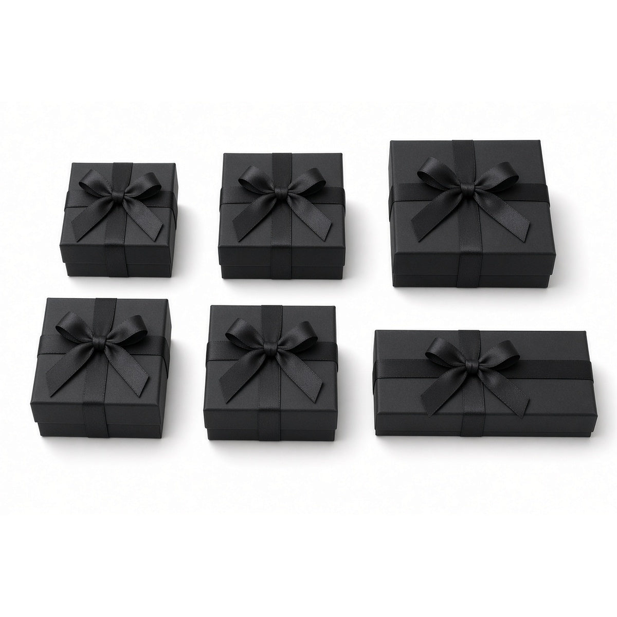 Six black ribbon closure custom jewelry box sizes on white