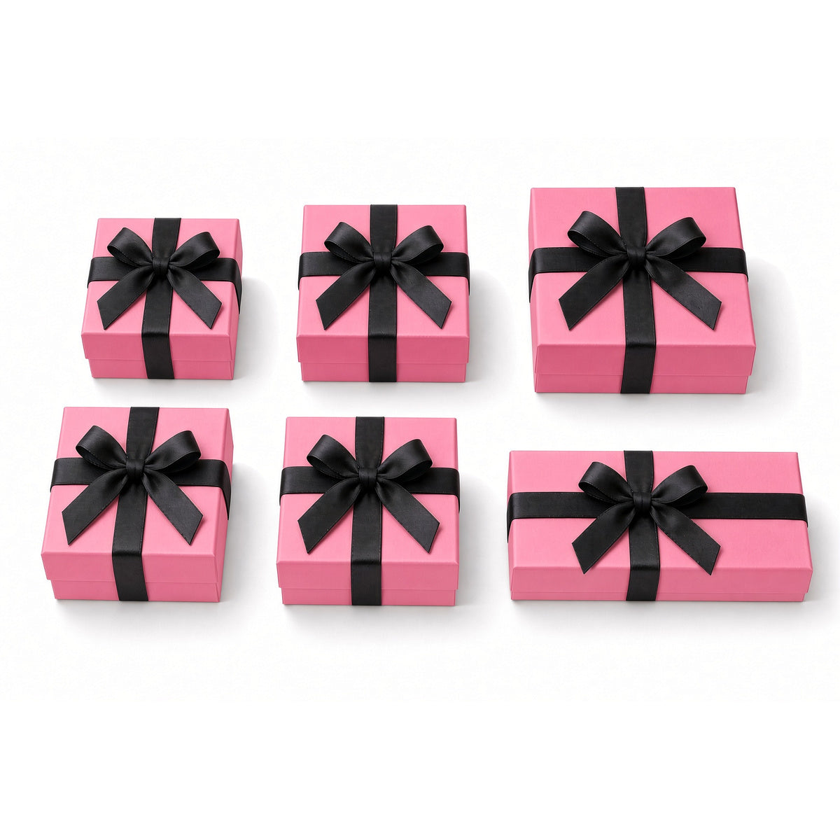 Six pink ribbon closure custom jewelry box sizes on white