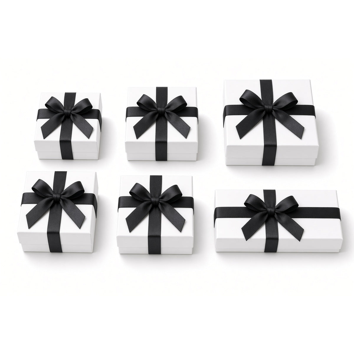 Six white ribbon closure custom jewelry box sizes on white