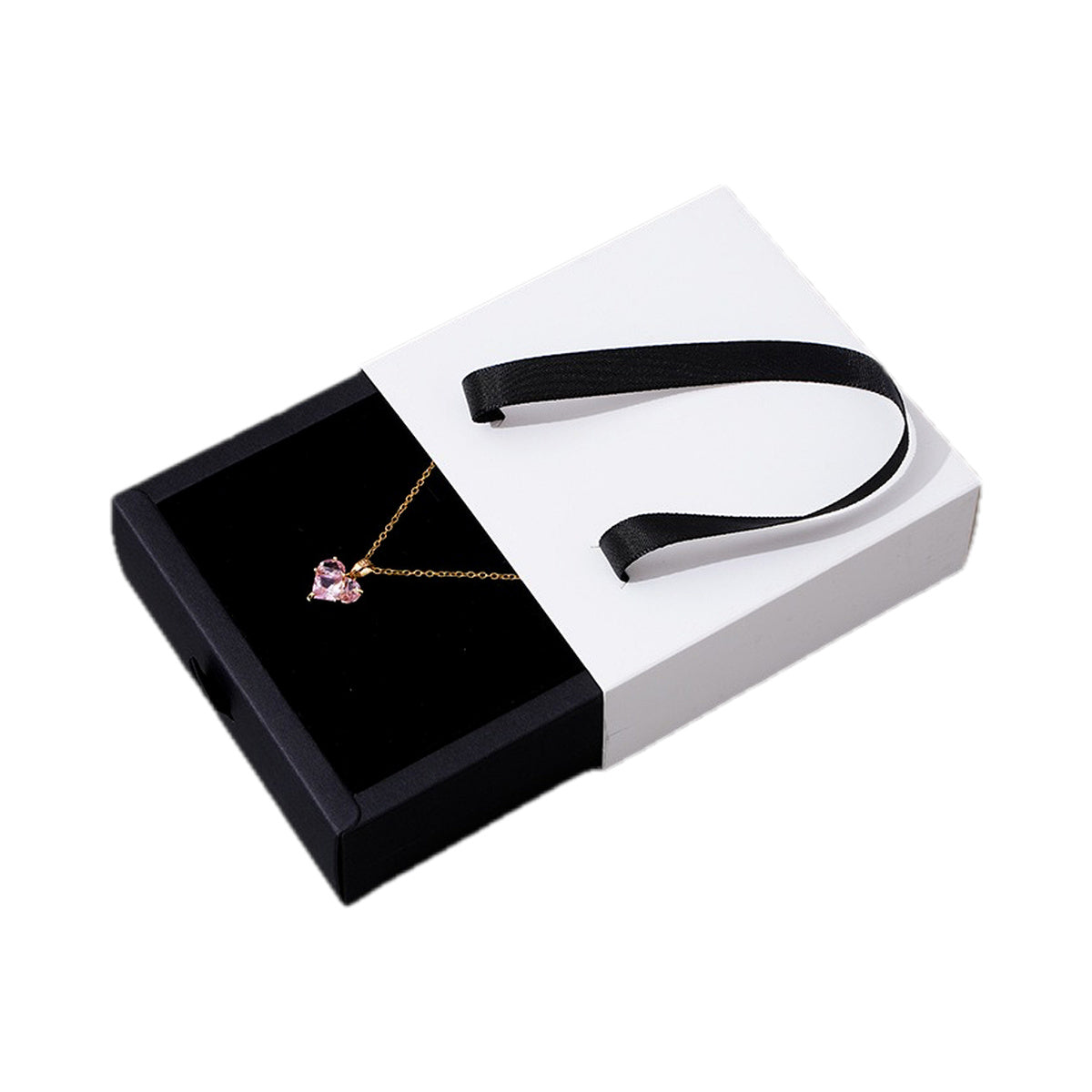 Custom black and white foldable drawer jewelry box with ribbon handle on pure white background