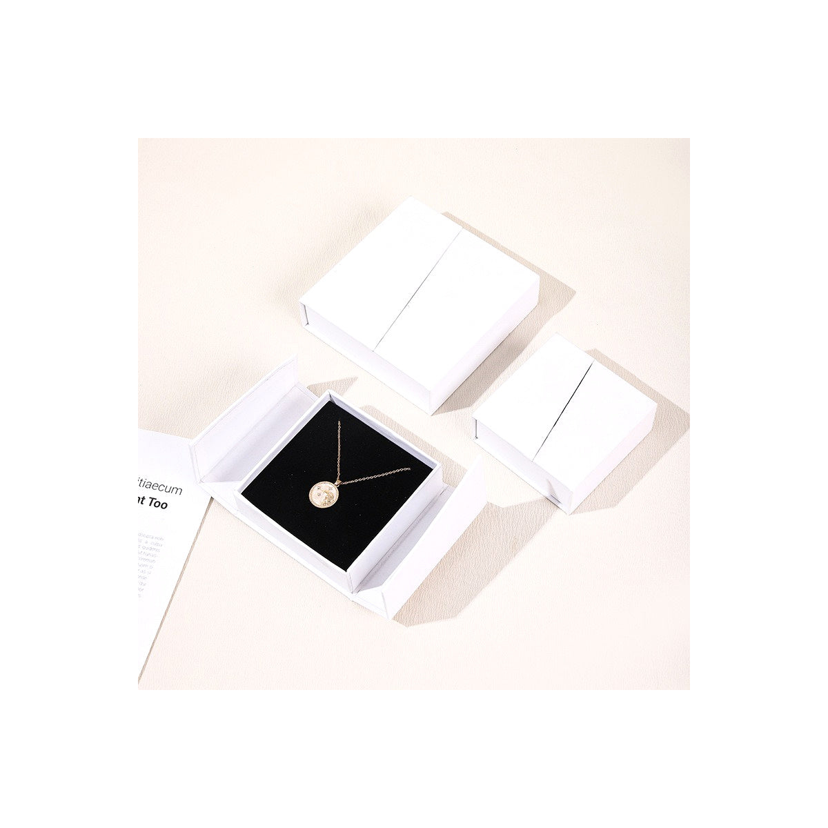 White double-opening magnetic jewelry boxes in three verified sizes