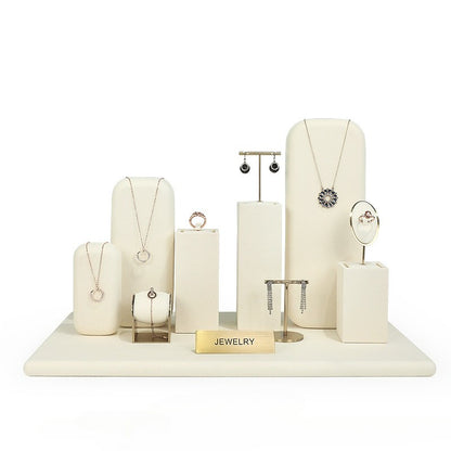 Beige Velvet Jewelry Display Set with Gold Metal Accents - Complete Retail Stand with Busts, Ring, Earring & Bracelet Holders