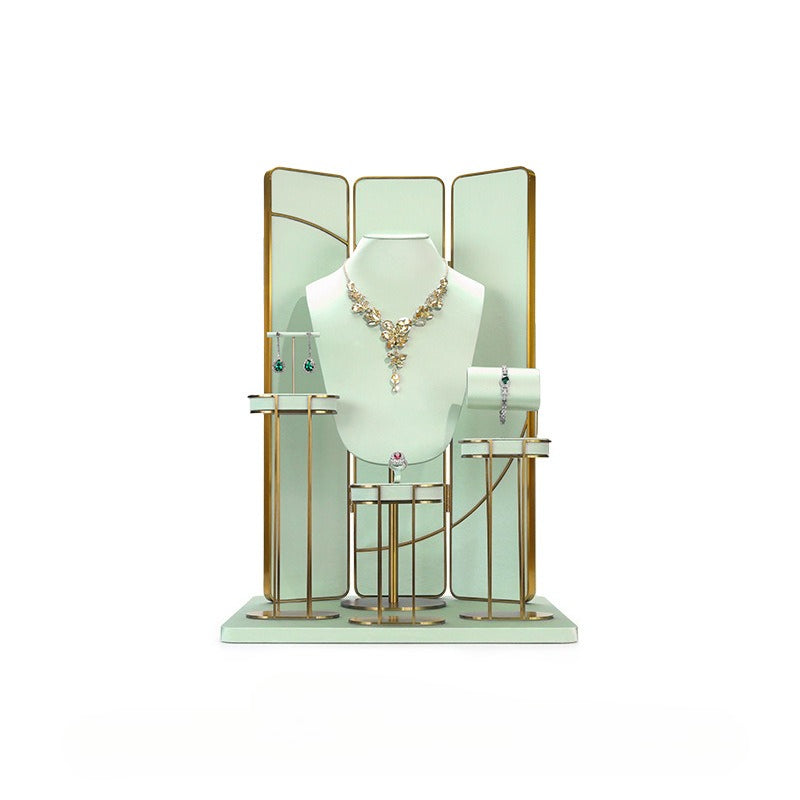 Light Green Velvet Jewelry Display Set with Gold Metal Base - Complete Stand for Necklaces, Earrings, Rings & Bracelets