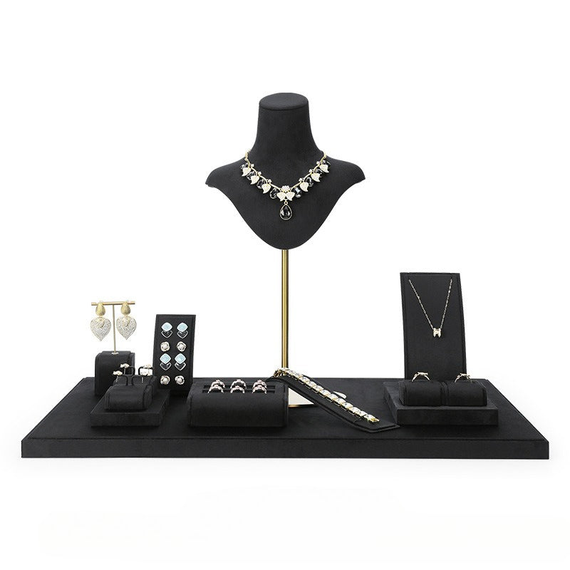 Black Velvet Jewelry Display Set - Complete Retail Stand with Bust, Earring, Ring & Bracelet Holders
