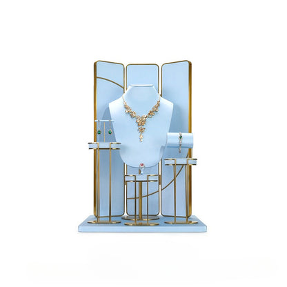 Light Blue & Gold Jewelry Display Set - Luxury Retail Stand with Necklace Bust, Earring & Ring Holders