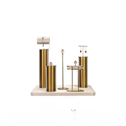 Beige Velvet Jewelry Display Set with Gold Metal Base - Complete Stand for Necklaces, Earrings, Rings & Bracelets