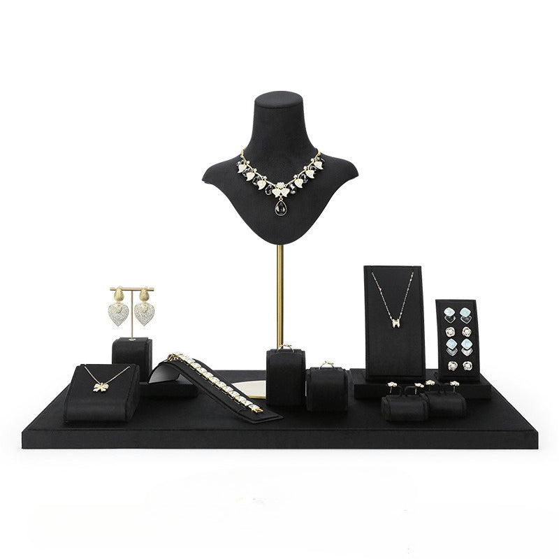 Black Velvet Jewelry Display Set - Complete Retail Stand with Bust, Earring, Ring & Bracelet Holders
