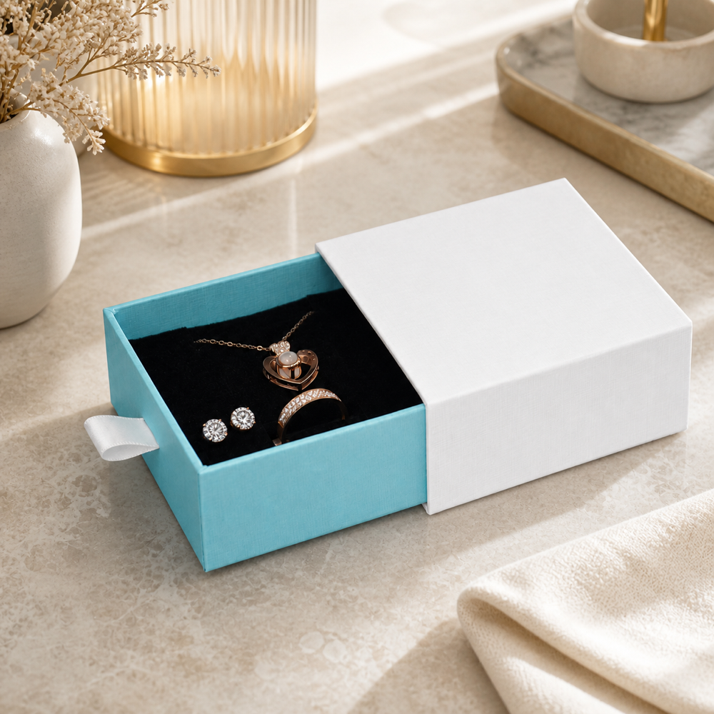 White & Baby Blue Drawer Jewelry Boxes – 24 Pack