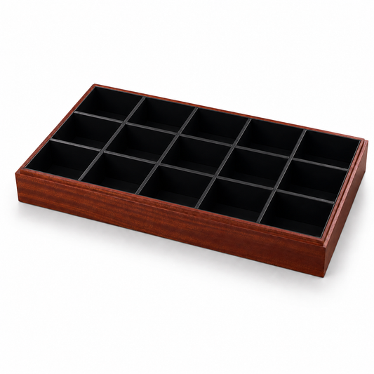Black 15-compartment wooden watch display tray with brown wood frame