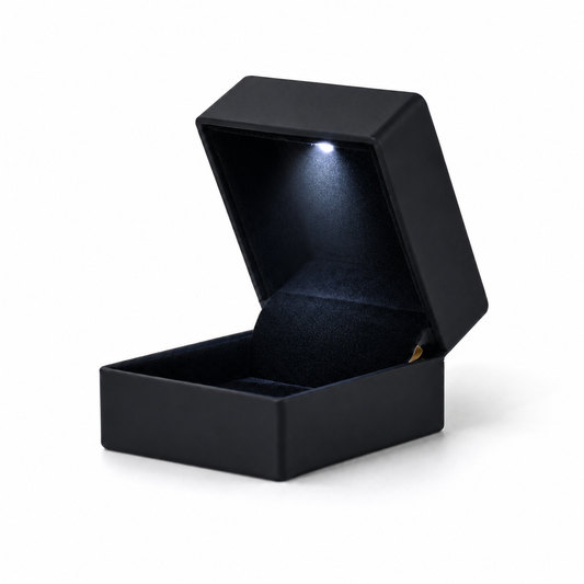 Black velvet-lined ring box for engagement rings and wedding bands