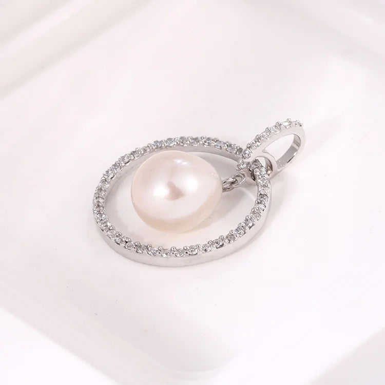 Women single freshwater pearl silver circle round necklace pendant for chains