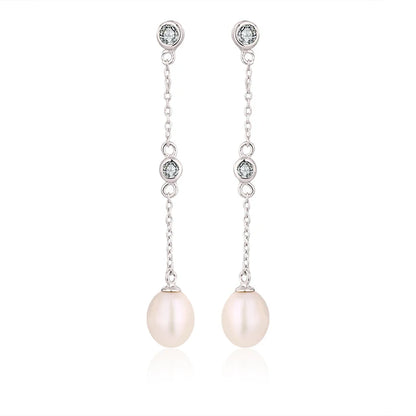 Zircon CZ diamond 925 sterling silver freshwater cultured pearl long chain drop earrings with chain