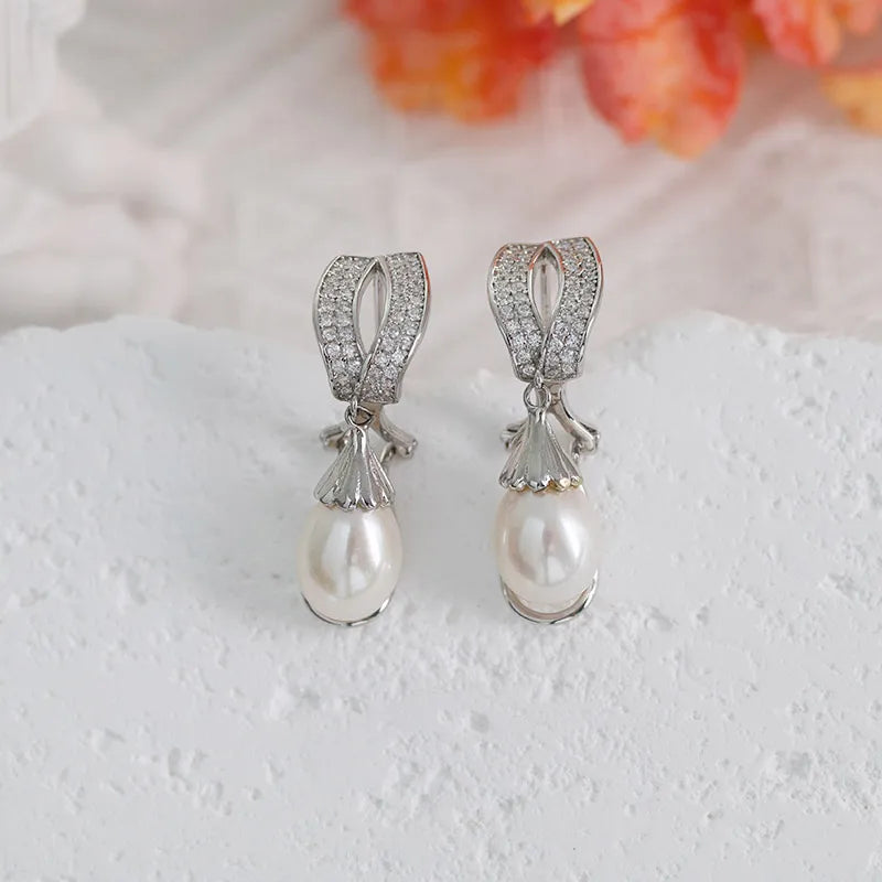 very high quality class freshwater pearl drop earrings cubic zirconia rhodium plated silver jewelry for wedding