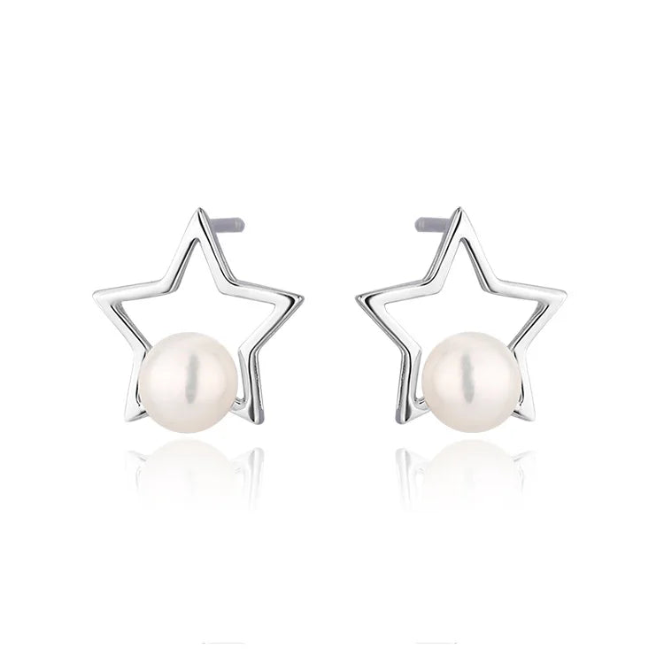Fashion jewelry 925 sterling silver natural freshwater real pearl exquisite star stud earrings for women