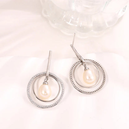 Fine Jewellery White Cubic Zircon Elegant Sterling Silver 925 Fresh Water Pearl Earrings for Women Wedding Party Gift