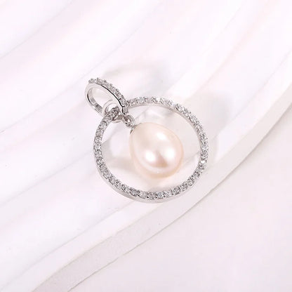 Women single freshwater pearl silver circle round necklace pendant for chains