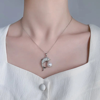 Fine fashion single freshwater pearl dolphin shaped 925 sterling pure silver diamond pendant for women