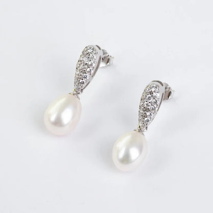 Statement White Cubic Zircon S925 sterling silver chic freshwater pearl pendant drop stud earrings  Gifts earrings for Women