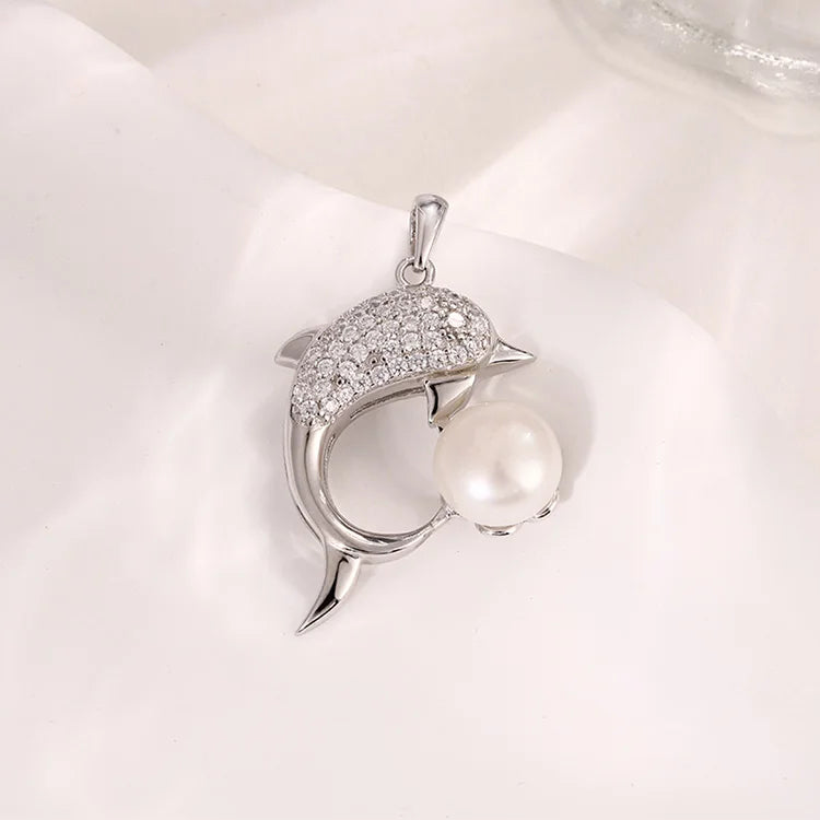 Fine fashion single freshwater pearl dolphin shaped 925 sterling pure silver diamond pendant for women