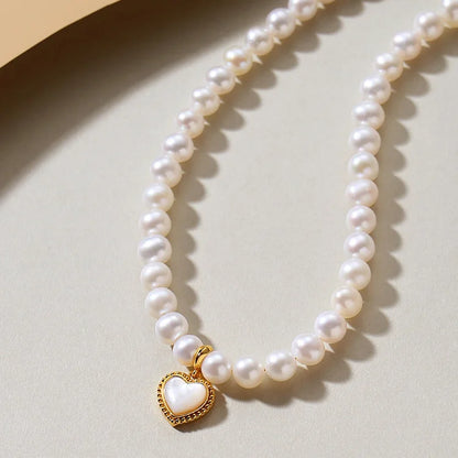 Original natural freshwater white pearl beaded 925 sterling silver chain love heart shape pendant women choker necklace