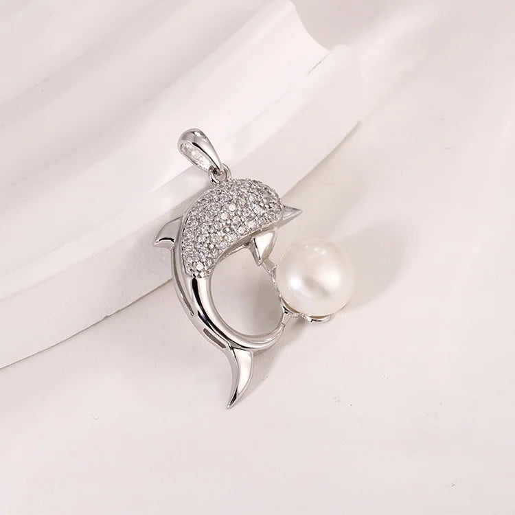 Fine fashion single freshwater pearl dolphin shaped 925 sterling pure silver diamond pendant for women