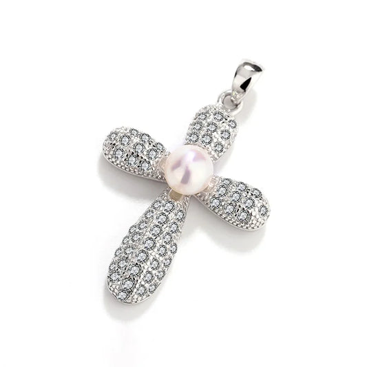 Women sterling silver moissanite diamond crucifix cross pendant with freshwater pearl