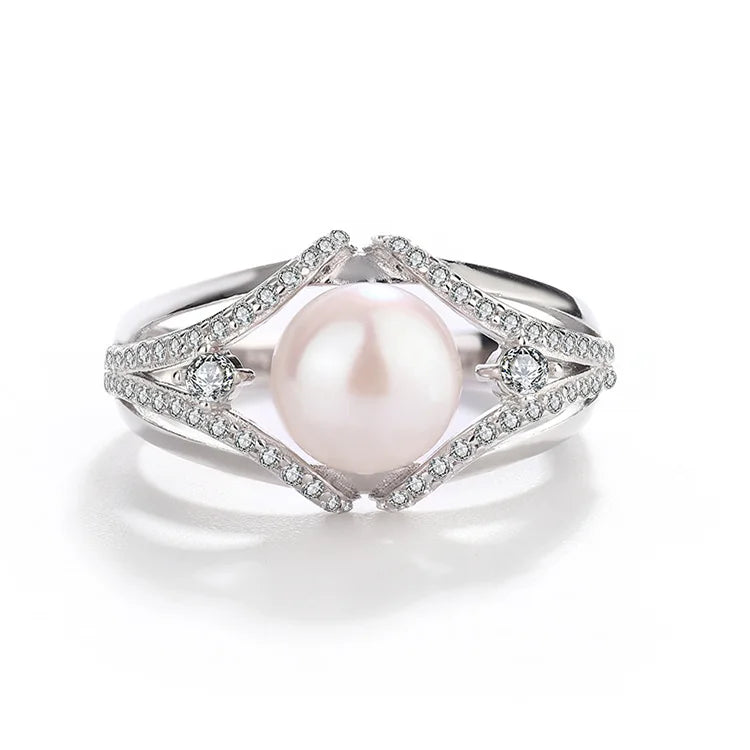Custom women engagement wedding sterling silver freshwater pearl ring with zircon moissanite