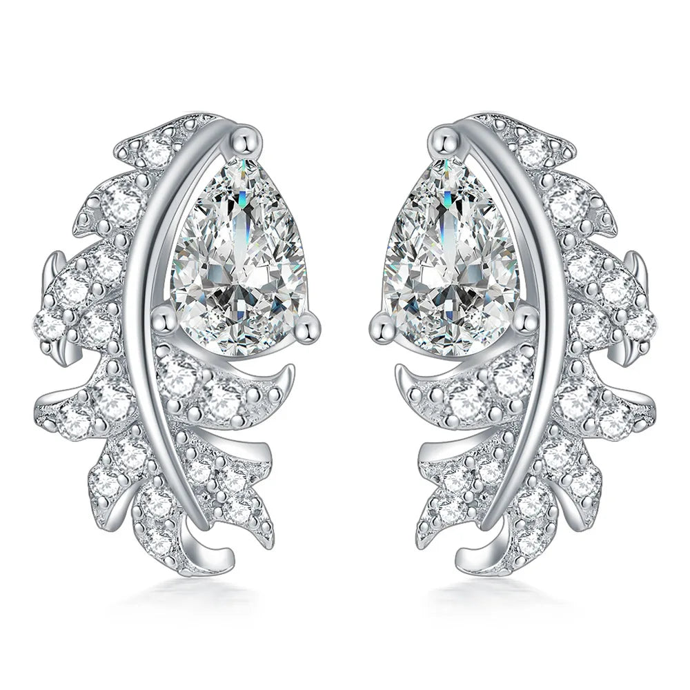 Cubic Zirconia Flower Stud Earrings Rhodium Plated Leaf Earrings Women 925 Silver Small Stud Earrings