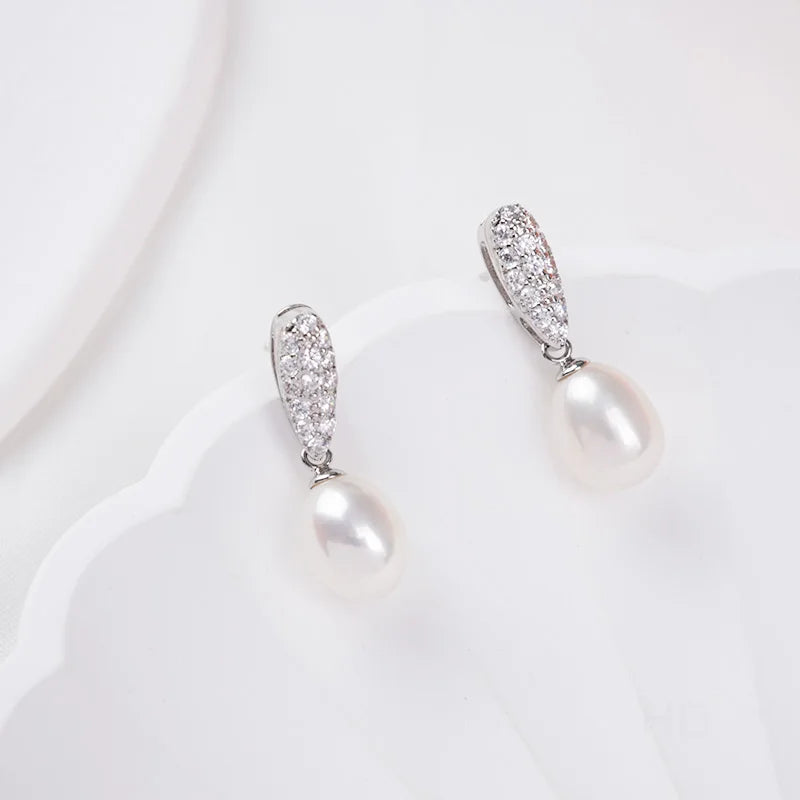 Statement White Cubic Zircon S925 sterling silver chic freshwater pearl pendant drop stud earrings  Gifts earrings for Women