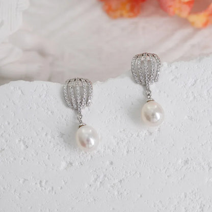 Wholesale New Products waterproof rhodium plated freshwater pearl 925 silver zircon earrings for women