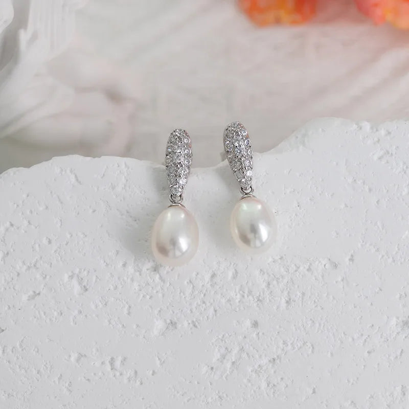 Statement White Cubic Zircon S925 sterling silver chic freshwater pearl pendant drop stud earrings  Gifts earrings for Women