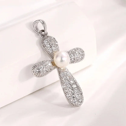 Women sterling silver moissanite diamond crucifix cross pendant with freshwater pearl