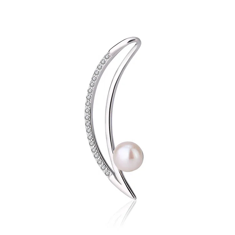 Custom diamond crescent moon 925 sterling silver freshwater pearl long pendant necklace