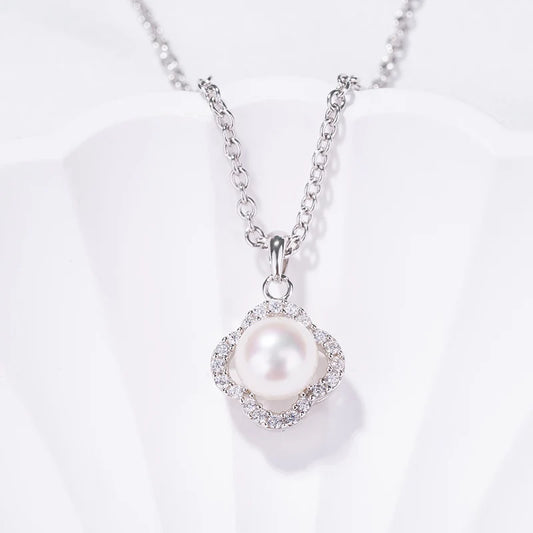 925 sterling silver necklace 4 leaf clover shaped freshwater single pearl pendant with diamond setting