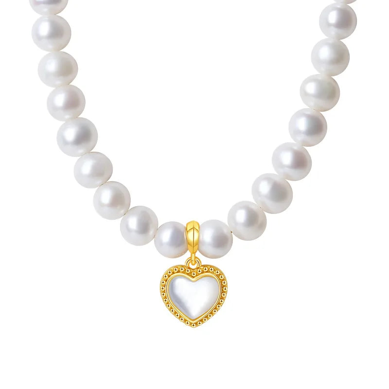 Original natural freshwater white pearl beaded 925 sterling silver chain love heart shape pendant women choker necklace