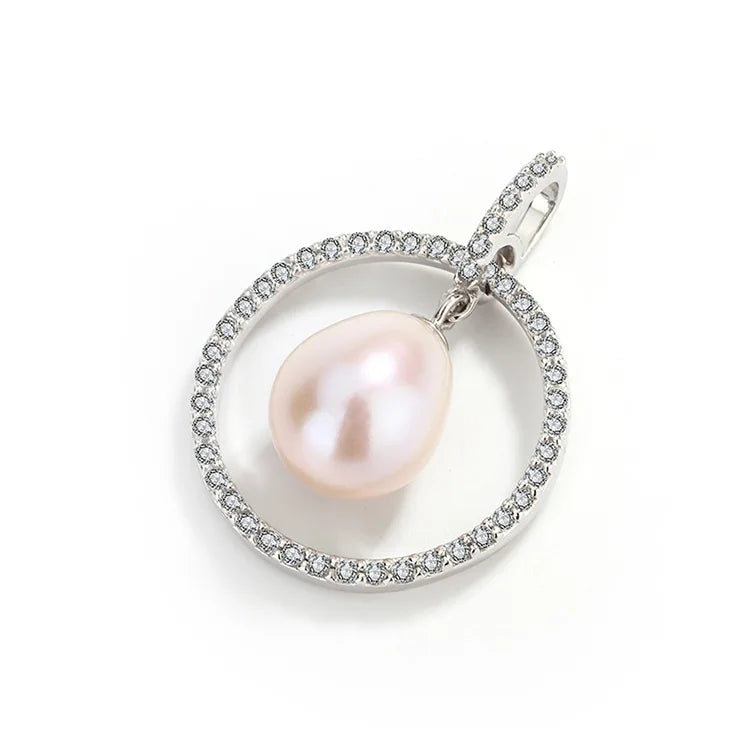 Women single freshwater pearl silver circle round necklace pendant for chains
