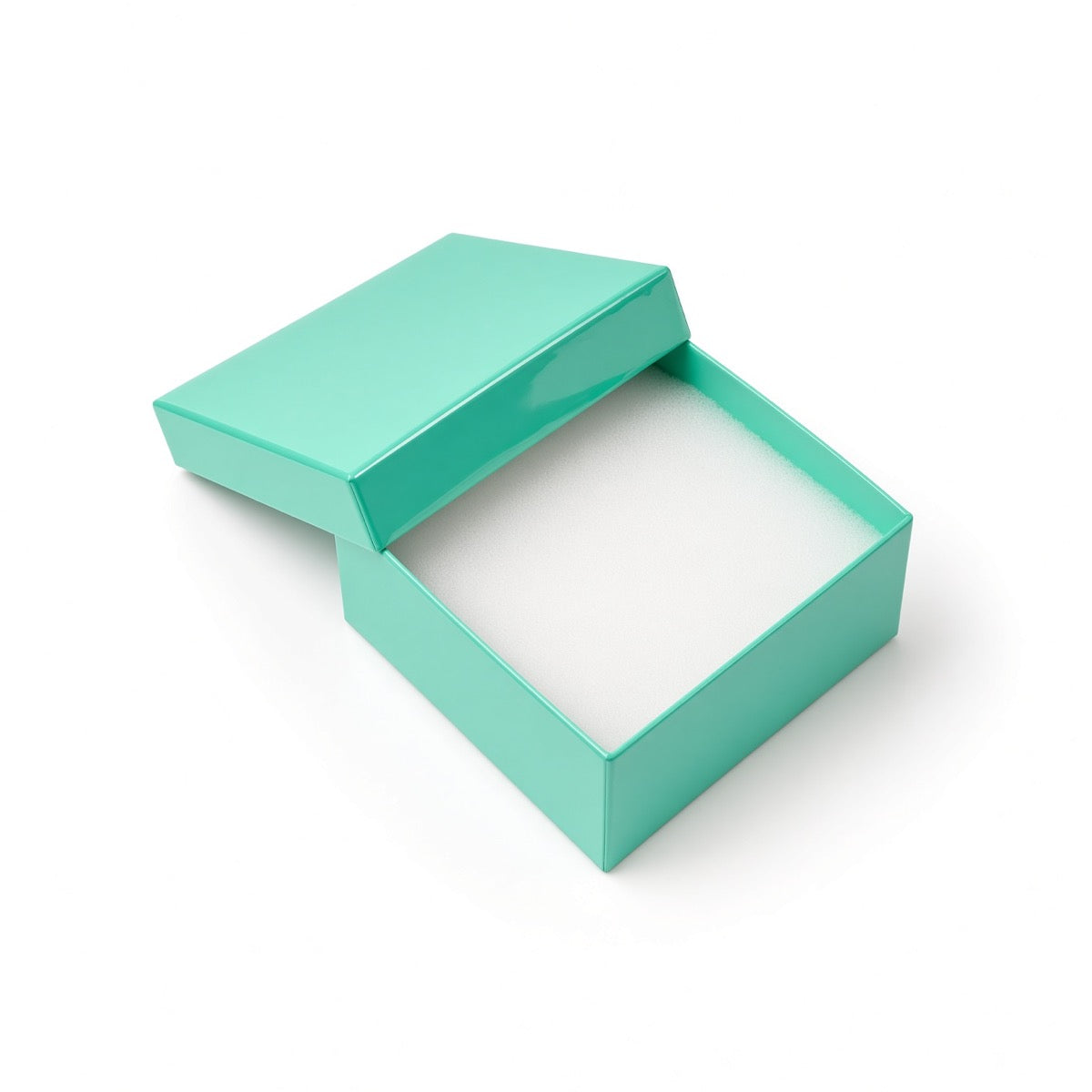 Open t blue glossy compact ring cotton-filled jewelry box with white protective insert, 100-piece pack
